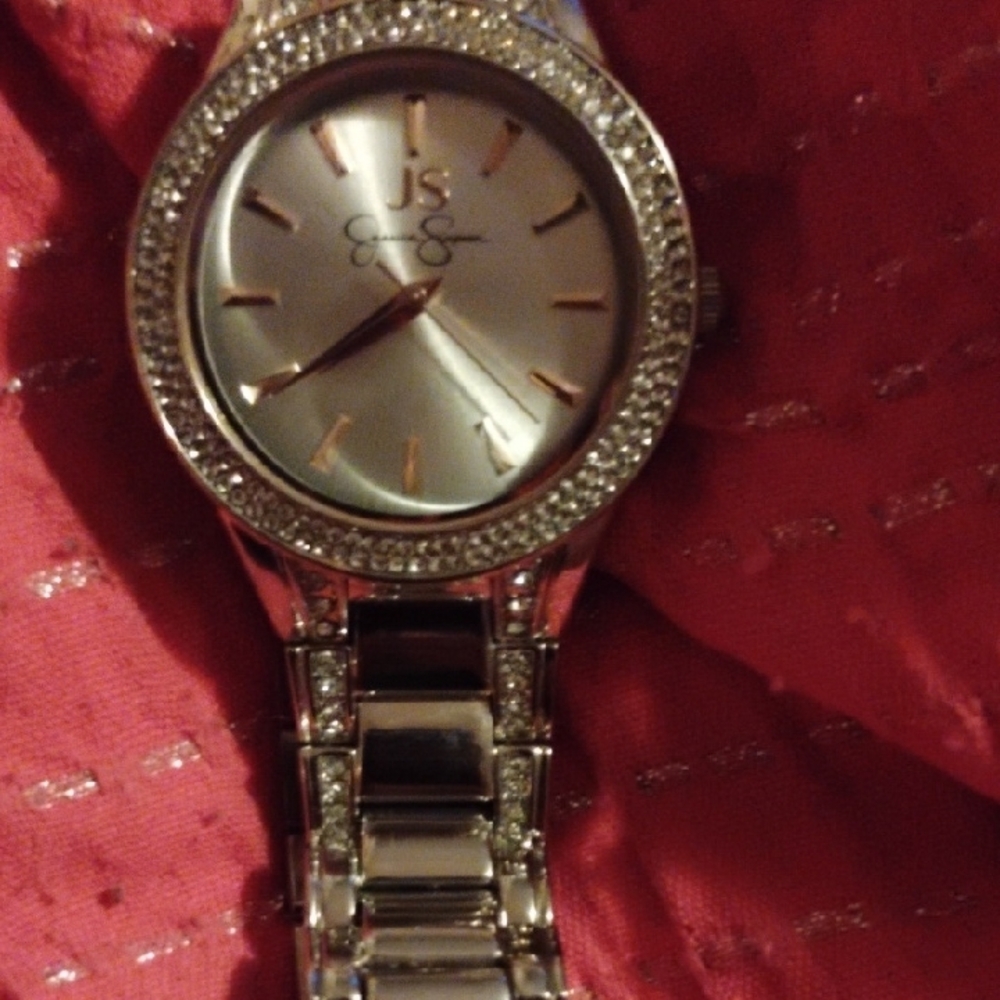 JS Silver and Gold Watch with Crystal Accents